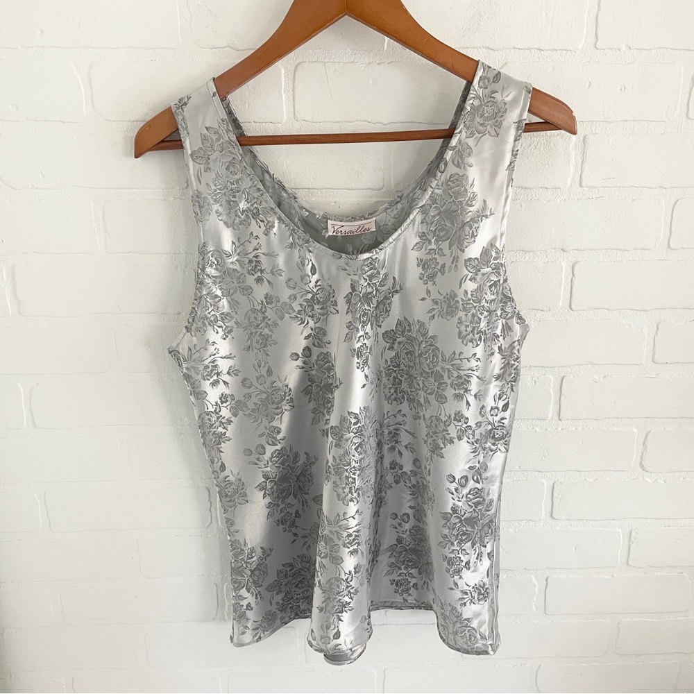 Vintage Silver Satin Baroque Roses Cami Iridescent Floral Tank Top sz XL/XXL - Picture 4 of 14